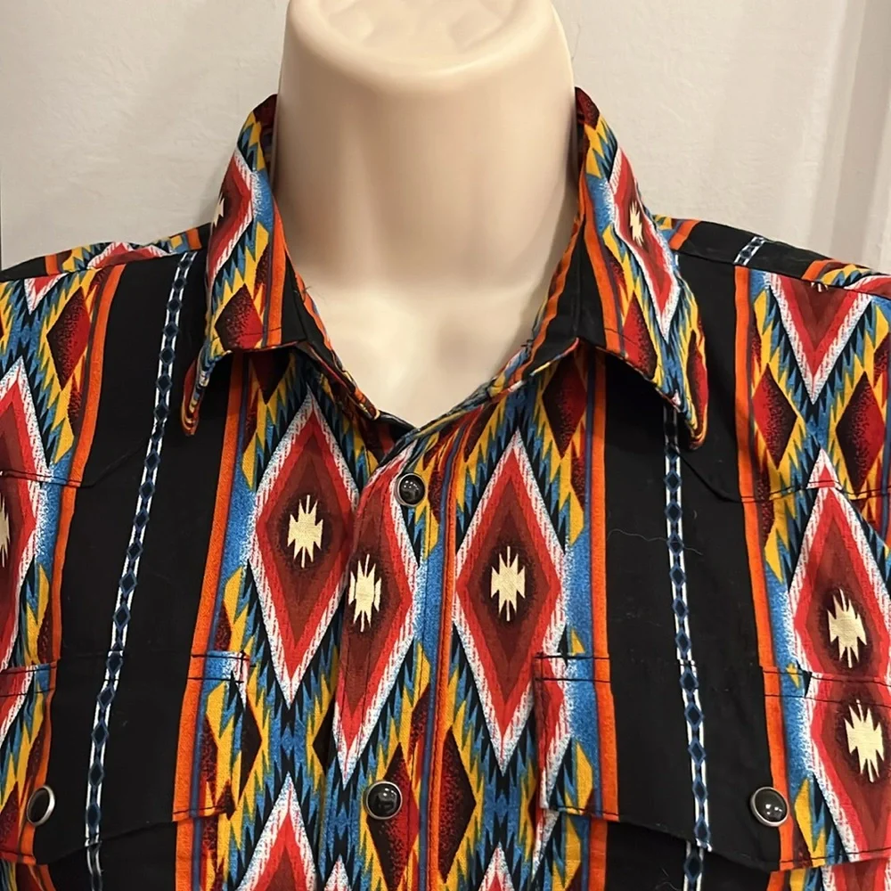 Vintage 80s Wrangler Aztec Snaps Western Cowboy Long Sleeve Shirt Boys Size XL